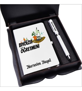 Biyoloji Öğretmeni Ahşap Kutuda Defter Kalem Seti