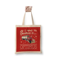 All I Want For Christmas Is Optimus Prime Transformers Beyaz Bez Çanta Uzun Saplı Alışveriş Çantası