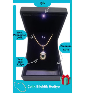 Işıklı Premium Kutuda  Yeşil Baget Taşlı Çelik Kolye  316l Çelik - Kararmaz  Hediye Paketi (Gold)
