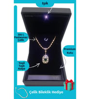 Işıklı Premium Kutuda  Yeşil Baget Taşlı Çelik Kolye  316l Çelik - Kararmaz  Hediye Paketi (Gold)