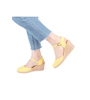Gerçek Elişi Topuğu Açık Bilekten Bantlı Dolgu Topuk Keten Hasır Kadın Espadril Handmade (Açık Sarı)