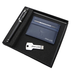 Signator D392 İsme Özel Set - Deri Kartlık + 32 Gb. Anahtar Usb Bellek  + Kalem Seti  İsme Özel Hediyelik Set (Karışık)
