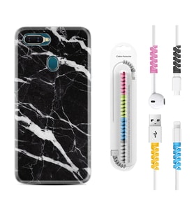 Oppo A5S A15 A16 A54 A55 A73 A74 Kılıf Kablo Koruma Spiral Silikon Siyah Şerit Mermer 1318