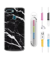 Oppo A5S A15 A16 A54 A55 A73 A74 Kılıf Kablo Koruma Spiral Silikon Siyah Şerit Mermer 1318