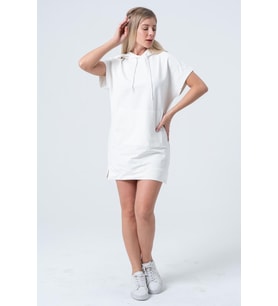Ekru Uzun Sweatshirt Elbise Tunik Kısa Kollu Kanguru Cepli