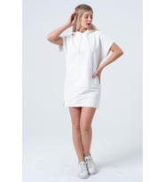 Ekru Uzun Sweatshirt Elbise Tunik Kısa Kollu Kanguru Cepli