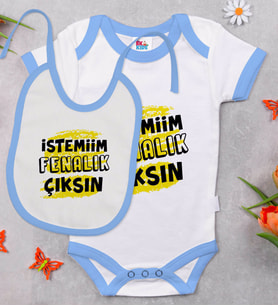 BK Kids İstemiim Fenalık Çıksın Tasarımlı Mavi Bebek Body Zıbın ve Mama Önlüğü Hediye Seti-1