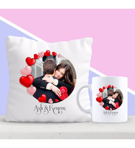 BK Gift Kişiye Özel Kalpli Fotoğraflı Yastık ve Kupa Seti 11 (Model 1)