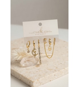 Gold Renk Pirinç Zirkon Taşlı 6'lı Küpe Set Kombini TJ-BKP12130