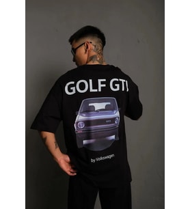 Erkek Oversize Tişört Golf GTI Retro Araba Baskılı T-shirt - Siyah