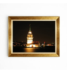 Tablore Gece Işıklı İstanbul Kız Kulesi Manzaralı Gold Çerçeveli Kanvas Tablo Estetik Salon Duvar Dekoru