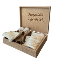 Kişiye Özel İsimli Organic Bonny Baby Organik Pamuk Hırka Patik ve Lif Yenidoğan Bebek Seti Ekru Bebek Hediyeliği