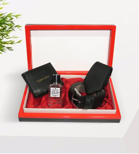 BK Gift Kişiye Özel Kutuda Cüzdan&Kemer&Karavat&Parfüm Hediye Seti (Beyaz)