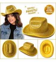 Parlak Altın Gold Kovboy Şapka Kadın Erkek Parti Disco Festival Şapkası