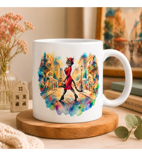 Şık Kedi Kadın Tasarımlı Seramik Kupa Bardak 300 ml Çift Taraflı Baskı Kedi Severlere Özel Kahve Kupası Watercolor Sanat Tasarımı