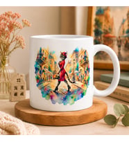 Şık Kedi Kadın Tasarımlı Seramik Kupa Bardak 300 ml Çift Taraflı Baskı Kedi Severlere Özel Kahve Kupası Watercolor Sanat Tasarımı