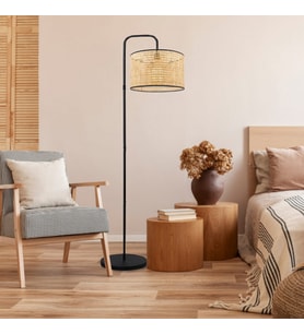 Suitable Metal Gövdeli Rattan Hasır Başlık Çok Amaçlı Lambader Salon Köşe Lambası (Hasır Sarı)