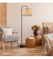 Suitable Metal Gövdeli Rattan Hasır Başlık Çok Amaçlı Lambader Salon Köşe Lambası (Hasır Sarı)