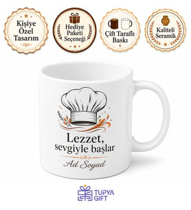 İsimli Şef Şapkası Desenli Baskılı Kupa Bardak Aşçıya Özel Hediye