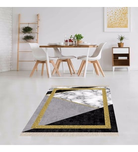 Gold Çerçeveli Mermer Desen Dijital Baskı Kaymaz Taban Yıkanabilir Modern Salon Halısı ve Yollu (Siyah-Gri)