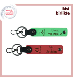 Gurbetçi Trabzonluya Anlamlı Deri Anahtarlık Takımı, İsminiz Yazılabilir, Fıstık Yeşil-Nar Çiçeği