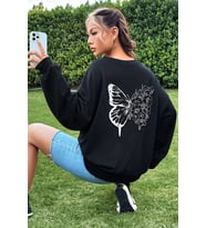Unisex Drawing Butterflies Baskılı Bisiklet Yaka Sweatshirt (Siyah)