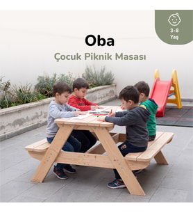 Ovlo Ahşap Çocuk Yemek Masası Şemsiye Delikli 3-8 Yaş 4 Kişilik Oba