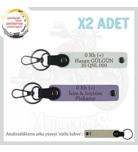Motorsikletçilere Özel, İsim Plaka ve 0 Rh (+) Kan Grubu Yazılı x2' li Anahtarlık Set, Mor-Bordo-SK (Çok Renkli)