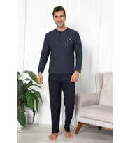Falkom 7055 Pamuklu İnterlok Kışlık Erkek Çizgili Pijama Takımı (Lacivert)