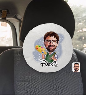 BK Gift Kişiye Özel İsimli Erkek Ressam Karikatürlü Yuvarlak Araç Koltuk Yastığı-1