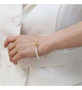 925 Ayar Gümüş Barock White Tatlısu İncisi Bileklik-5mm (Gold)