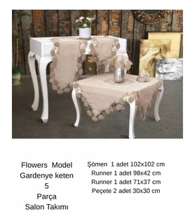 Salon Takımı 5 Parça Keten Dantelli Masa Örtüsü Runner Seti Çeyizlik Flowers Model Kapiçino