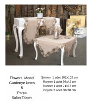 Salon Takımı 5 Parça Keten Dantelli Masa Örtüsü Runner Seti Çeyizlik Flowers Model Kapiçino