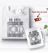 BK Gift 100. Yıl Hatırası Beyaz Tişört, Kupa Bardak ve Gold Metal Rozet Hediye Seti-2, 29 Ekim Hediyesi, Cumhuriyet Bayramı, 100.Yıl Hediyesi