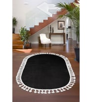 Dijidekor Peluş Halı Siyah Cool Saçaklı Oval Post Kesme Yolluk Kilim Salon Halısı Modelleri
