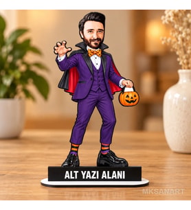 Kişiye Özel Halloween Balkabaklı Vampir Karikatürlü 18 cm MDF Masaüstü Biblo - Masaüstü Hediye