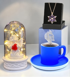 Led Işıklı Beyaz Melekli , Gerçek Ametist Taşlı Lotus Kolye ve Mavi Türk Kahvesi Fincanı
