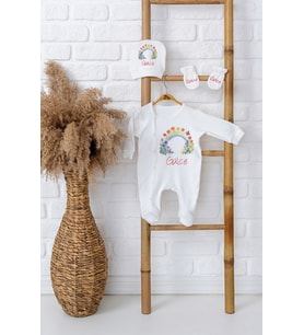 Pia Baby Premium %100 Pamuk İsimli Kız Bebek Tulumu Şapka ve Eldiven Yenidoğan Hediye Seti 5057-09 (Ekru)