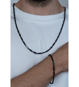 Siyah Renk Kare Küp Model Unisex Çelik Kolye ve Bileklik Seti eck05s (Siyah - Beyaz)