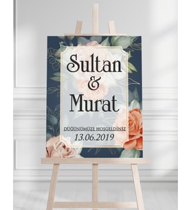 Söz Nişan Düğün İçin 50x70 Karşılama Panosu - Yeşil Pastel Çiçek Tasarımlı