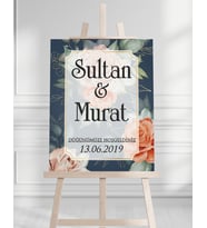 Söz Nişan Düğün İçin 50x70 Karşılama Panosu - Yeşil Pastel Çiçek Tasarımlı