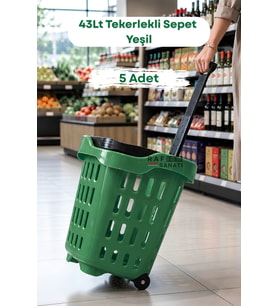 5 Adet - 43 LT Tekerlekli Market Sepeti Plastik Alışveriş Sepeti Ergonomik Çift Saplı Yeşil