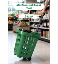 5 Adet - 43 LT Tekerlekli Market Sepeti Plastik Alışveriş Sepeti Ergonomik Çift Saplı Yeşil