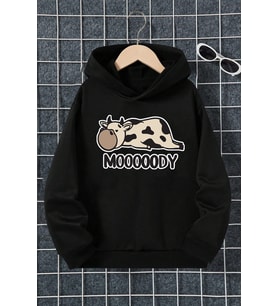 Mooooody Baskılı Erkek - Kız Çocuk Rahat Kalıp Sweatshirt (Siyah)