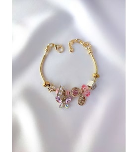 Gold Pandora Model Çelik Kadın Pembe Kelebek Charm Bileklik