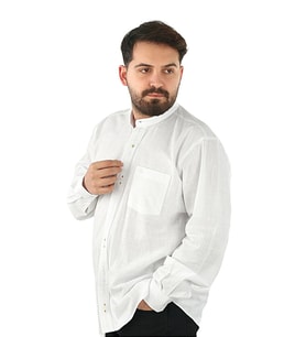 Hac ve Umre İçin Gömlek Nakışlı Uzun Kollu Beyaz Hakim Yaka %100 Pamuk Ensar