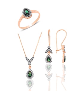 Söğütlü Silver Gümüş rose kök zümrüt  taşlı damla üçlü set