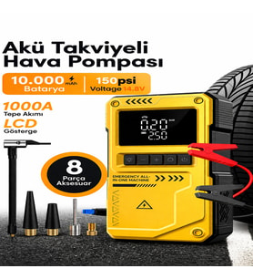 Akü Takviye Cihazı Hava Kompresörü 10000 mAh 150 PSI 1000A Dijital Göstergeli Taşınabilir Araç Lastik Şişirme Pompası (Hardal Sarısı)