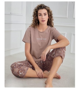 Mihra Kadın Bisiklet Yaka COMPACT PENYE Likralı KAPRİ Kısa Kol Pijama Takımı 90753K - 1 Adet (Kahverengi)