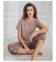 Mihra Kadın Bisiklet Yaka COMPACT PENYE Likralı KAPRİ Kısa Kol Pijama Takımı 90753K - 1 Adet (Kahverengi)